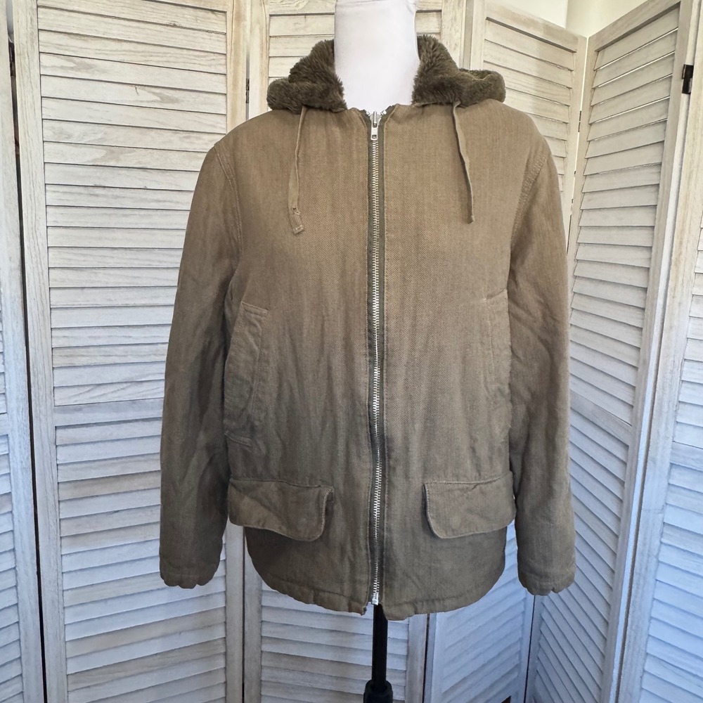 Planet Earth Women's Olive Green Herringbone Faux Fur Lined Hooded Jacket Small - Picture 2 of 14